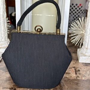 Vintage Black Fabric Pleated Purse Gold Hardware